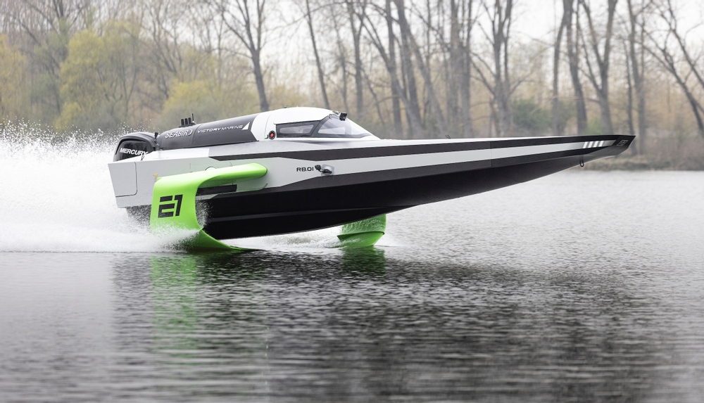 7th April 2022. San Nazzaro. Italy.
Pictures of the E1 Race Series â??RaceBirdâ?? RB01. The foiling electric race boat shown here testing for the first time.
Photo by Lloyd Images